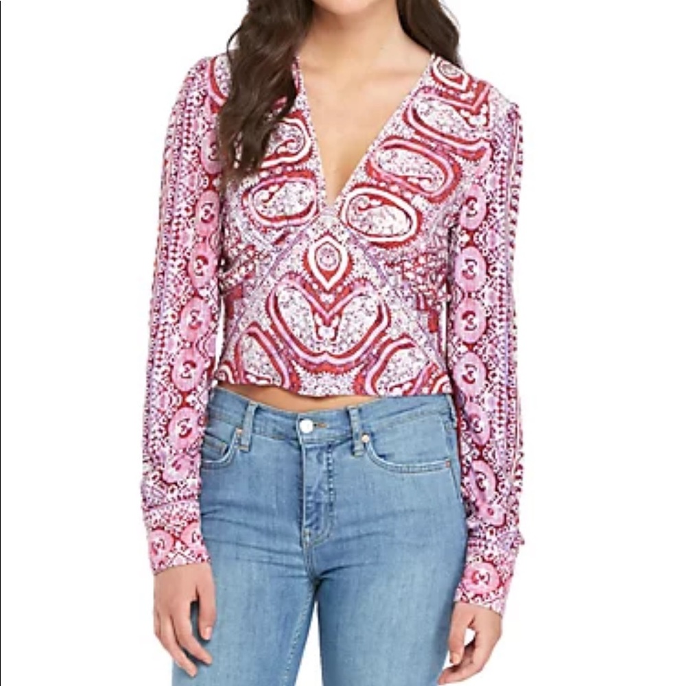 Free People Wild and Free Boho Cropped Long Sleeve Top pink pattern, size Medium